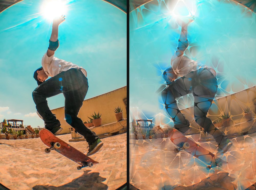 Before and after: the original skateboarder photo next to the Trimaginator version